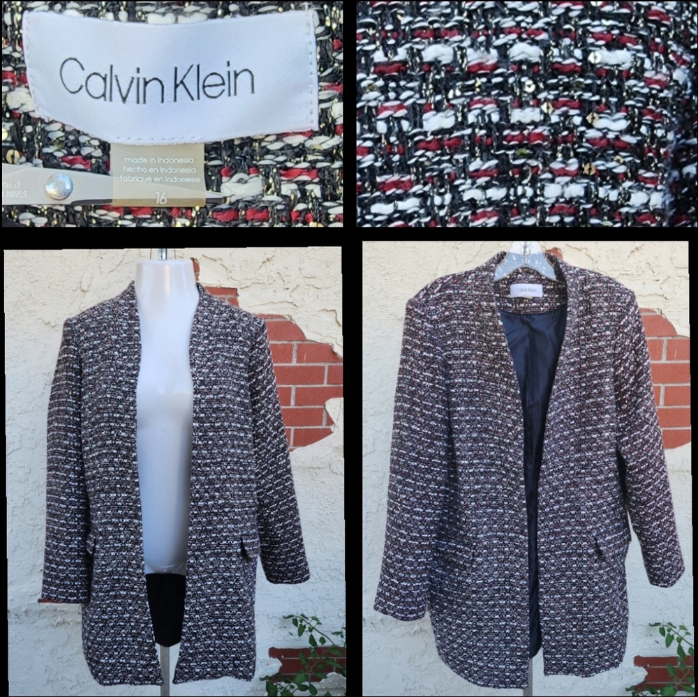 16 Calvin Klein tweed sequin metallic long open jacket coat lined